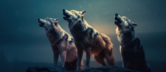 wolves howl on a rock at night in forest background - obrazy, fototapety, plakaty