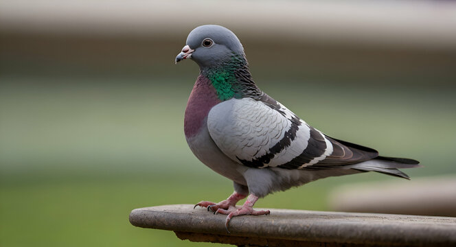 closeup of beautiful pigeon bird sitting on pipe with blurry building background. beautiful pigeon bird looking at the camera. generative ai 