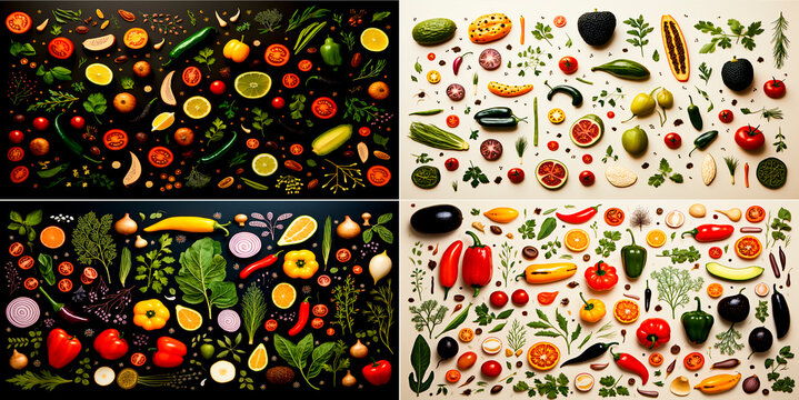 Colorful pattern depicting various food products. Ideal for food related design or branding. Includes fruits, vegetables and other nutritional items.