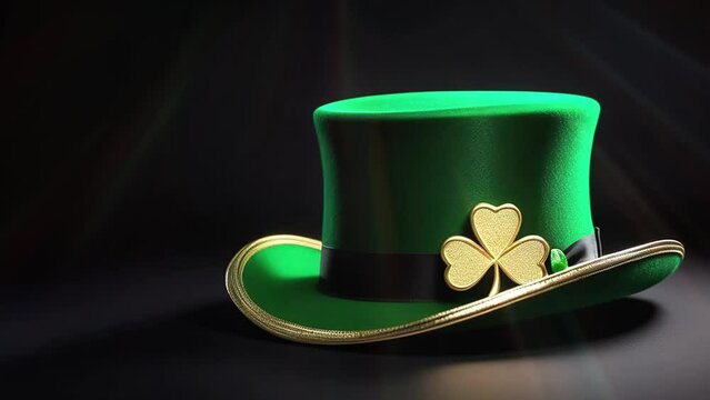 Green hat with a golden shamrock on a black background with rays of light.