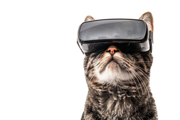 cat wearing VR glasses, showcasing its curiosity and interest in virtual gaming experiences. isolated on white background.