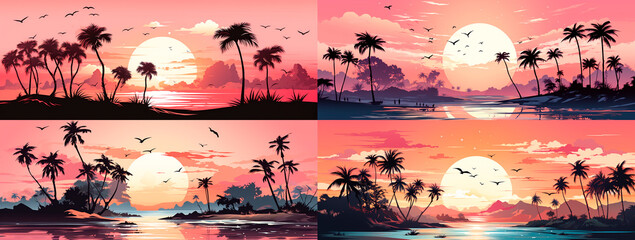 A bright and vibrant collection of palm tree silhouettes. Adds a tropical and exotic touch to any design project. Ideal for creating holiday themed graphics, invitations and posters.