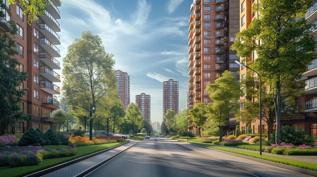 Background photo of a rich high-rise apartment complex, street, spring, trees. Generative AI.