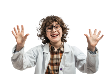 enthusiastic gesture of a child scientist on a white background.