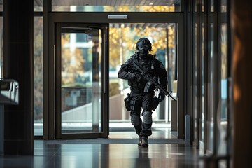 Professional photography of mask gunman entering a building. 



