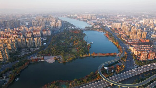 Aerial photography of Rihu Park in Ningbo, Zhejiang Province, China