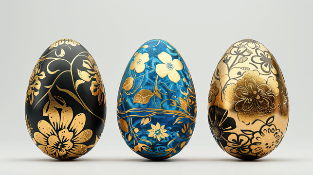 3 easter eggs with gold floral ornamentation isolated on white background