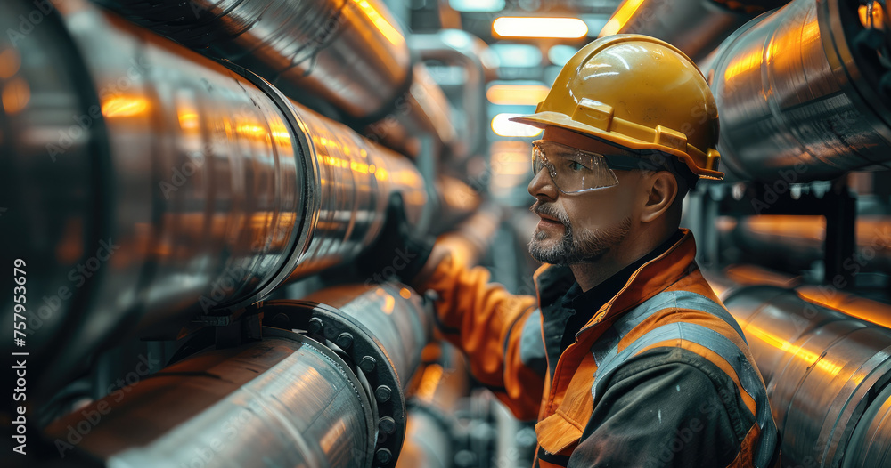 Leinwandbilder an inspection was performed by a male worker at the pipeline of oil and gas refining station during 