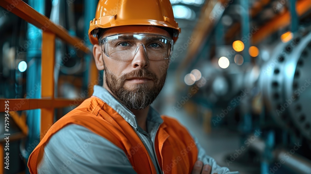 Poster portrait of a maintenance engineer using advanced technology to optimize factory operations. generat
