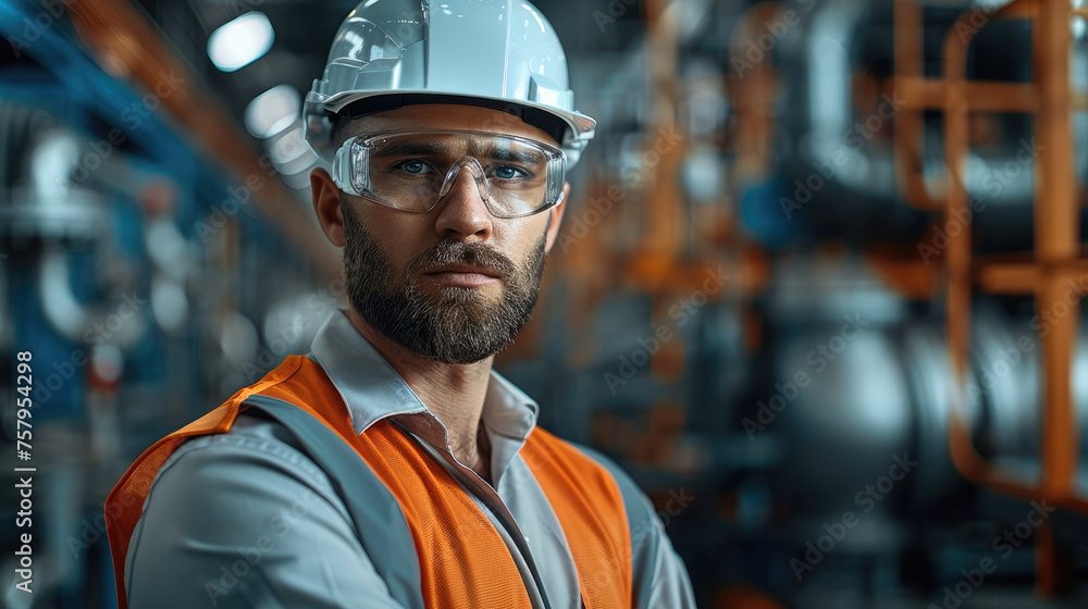 Poster portrait of a maintenance engineer using advanced technology to optimize factory operations. generat