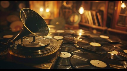 Nostalgia captured by a vintage gramophone with scattered vinyl records and soft lighting - obrazy, fototapety, plakaty