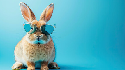 Fototapeta na wymiar close up of a happy smiling rabbit wearing sunglasses isolated on a blue background