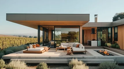 Foto op Plexiglas A modern, sleek cabin in wine country with an open floor plan and large windows overlooking vineyards. The exterior is made of wood. Generative AI. © visoot