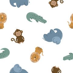 Seamless pattern with cute African animals. For for kids design, fabric, wrapping, cards, textile, wallpaper, apparel. Isolated vector cartoon illustration in flat style on white background.