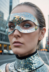Futuristic female silver suit. People of the future. Image generated by AI