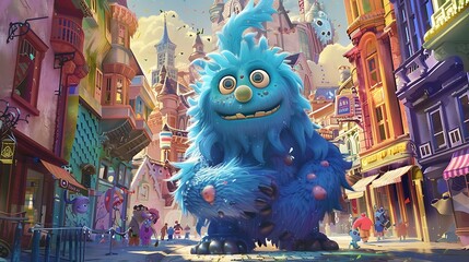 a lovable blue monster with a penchant for collecting shiny objects, whose curiosity often leads to delightful discoveries in a colorful, bustling cityscape.  attractive look - obrazy, fototapety, plakaty
