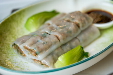 A delicious plate of Cantonese beef rice rolls, Cantonese morning tea snacks