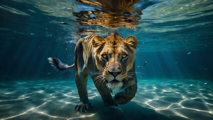 Lioness in the water. Wildlife scene from a nature. - obrazy, fototapety, plakaty