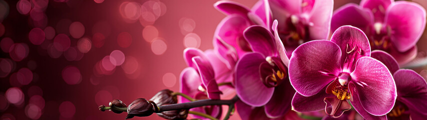 Festive banner with beautiful vibrant magenta orchids with soft-focus background in monochromatic pink tones. Generative AI
 - obrazy, fototapety, plakaty