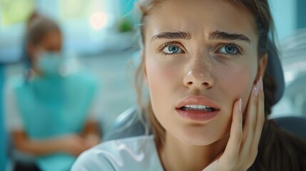 Young Feale Patient With Toothache At Dental Clinic Waiting for Tooth Treatment, Close-Up, Dental Care, Oral Pain. AI Generated