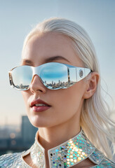 Fototapeta na wymiar The image features a blonde woman with white hair and reflective sunglasses. Generative AI