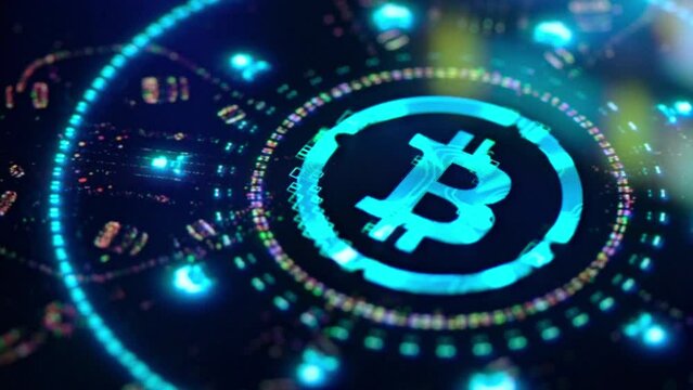Neon animation of bitcoin cryptocurrency