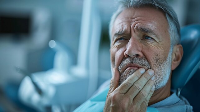 Senior Male Patient With Toothache At Dental Clinic Waiting for Treatment, Close-Up, Dental Care, Oral Pain. AI Generated