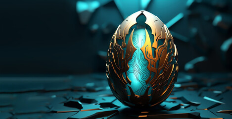 Futuristic 3D Easter egg. Easter card in turquoise and gold colors.