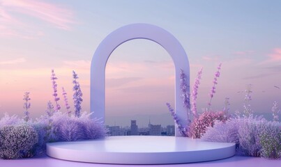 Empty product podium with lavender lilac arch