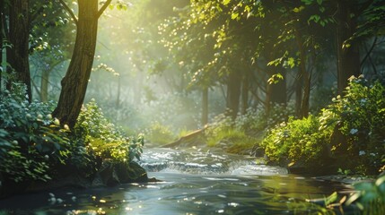 Tranquility visualized by a gently flowing stream in a lush forest with dappled sunlight