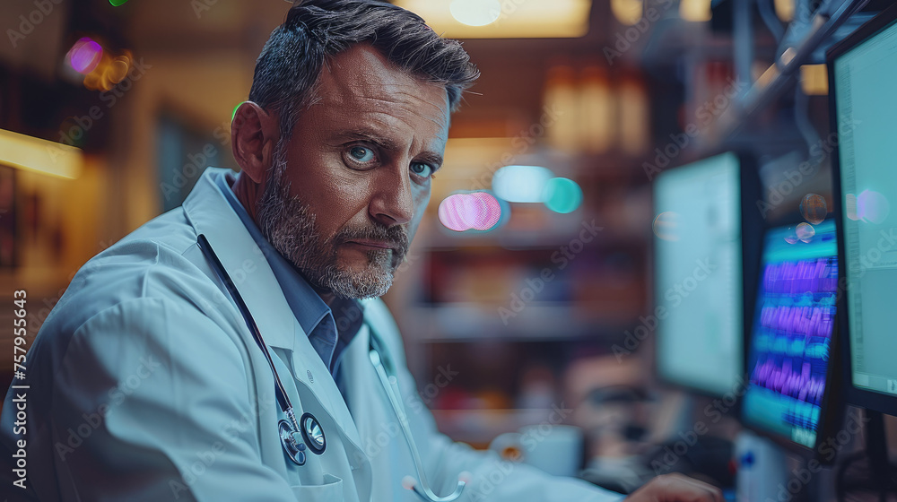 Aufkleber Doctor uses some form of electronic device with computer. Generative AI.