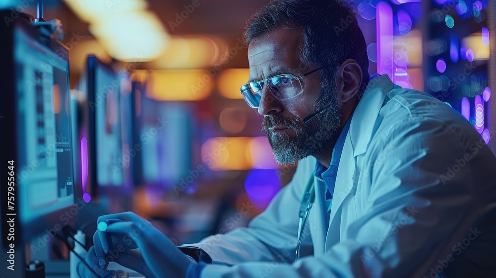 Aufkleber Doctor uses some form of electronic device with computer. Generative AI.