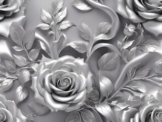 Beautiful 3D background decorations in the form of silver roses and a luxurious silk background print