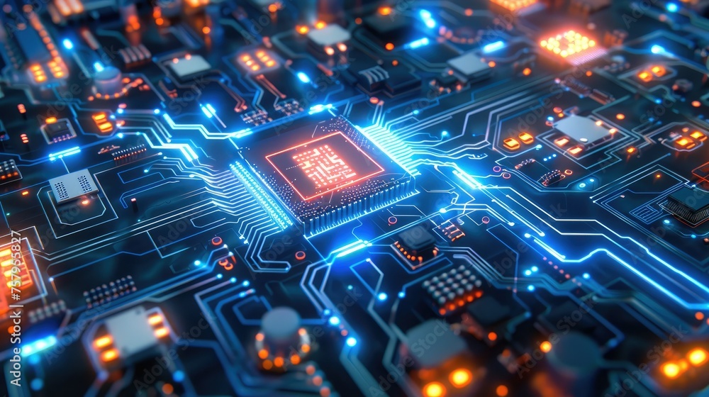 Poster machine chip with digital code in background, sci-fi, techno. generative ai.