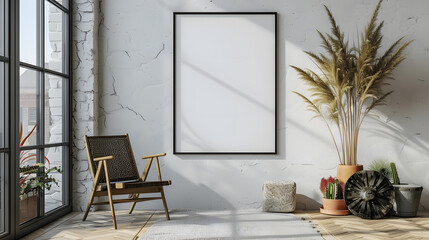 thin black frame mockup on a white studio wall with no decorations