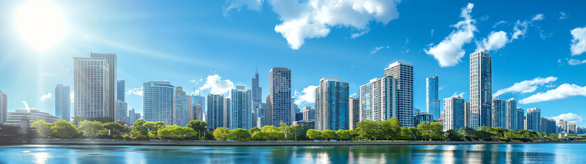 Banner with panoramic view of a modern city skyline with skyscrapers reflecting in the tranquil water under a blue sky with white clouds. Generative AI - obrazy, fototapety, plakaty