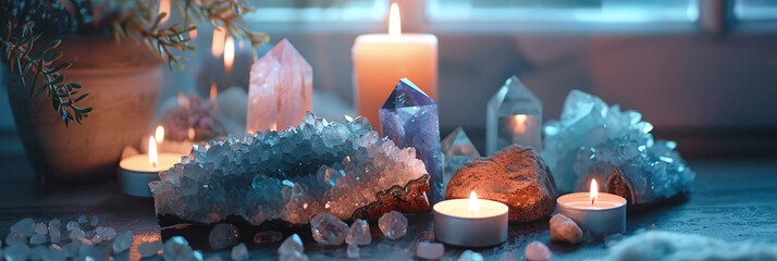 esoteric still life with candles and crystals, magical spiritual healing zen composition, modern witchcraft concept - obrazy, fototapety, plakaty