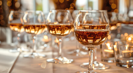 Cognac glasses on table, catering event. Generative AI.