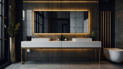 Interior of modern bathroom with black brick walls, concrete floor, comfortable round sink
