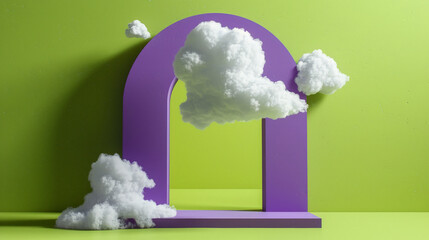 Vibrant Imagination Gateway - Cumulus Clouds Floating Through a Lime Green Arch into a Lavender Sky