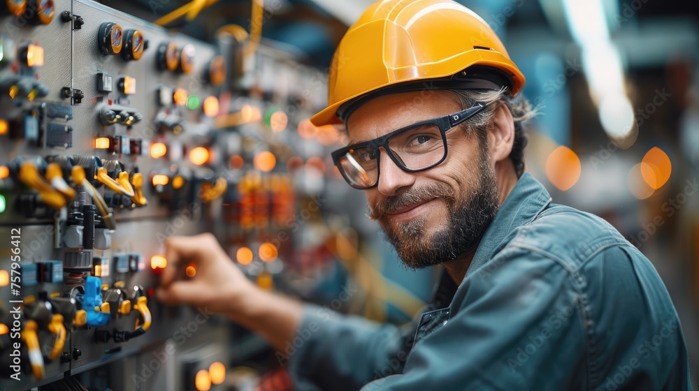 Fototapete automotive worker smiling while working at an electronics panel in an electronics company setting. g