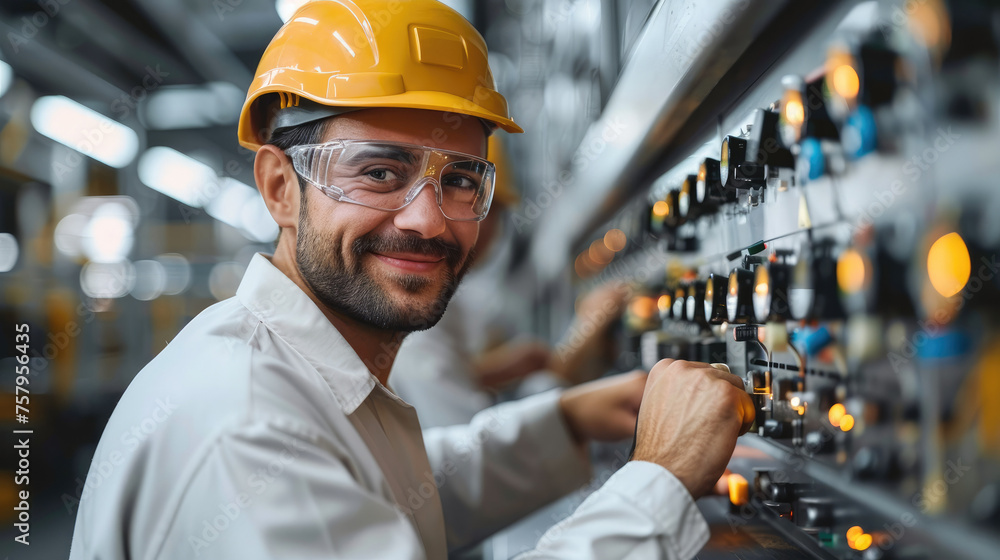 Poster automotive worker smiling while working at an electronics panel in an electronics company setting. g