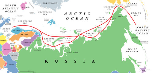 Northeast Passage, NEP, including Northern Sea Route, political map. Shipping route between Atlantic and Pacific Oceans, along the Arctic coasts of Norway and Russia, lying entire in Arctic waters. - 757956480