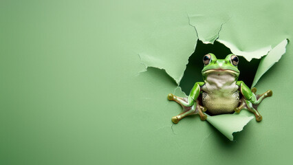 A green frog with an amusing expression seemingly makes a grand entrance through a perfectly torn hole in green paper