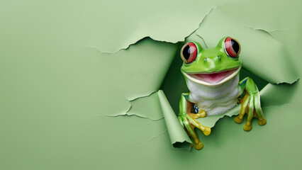 Obraz premium Captivating image of a mischievous green frog peeking with wide eyes from a ripped sheet of green paper