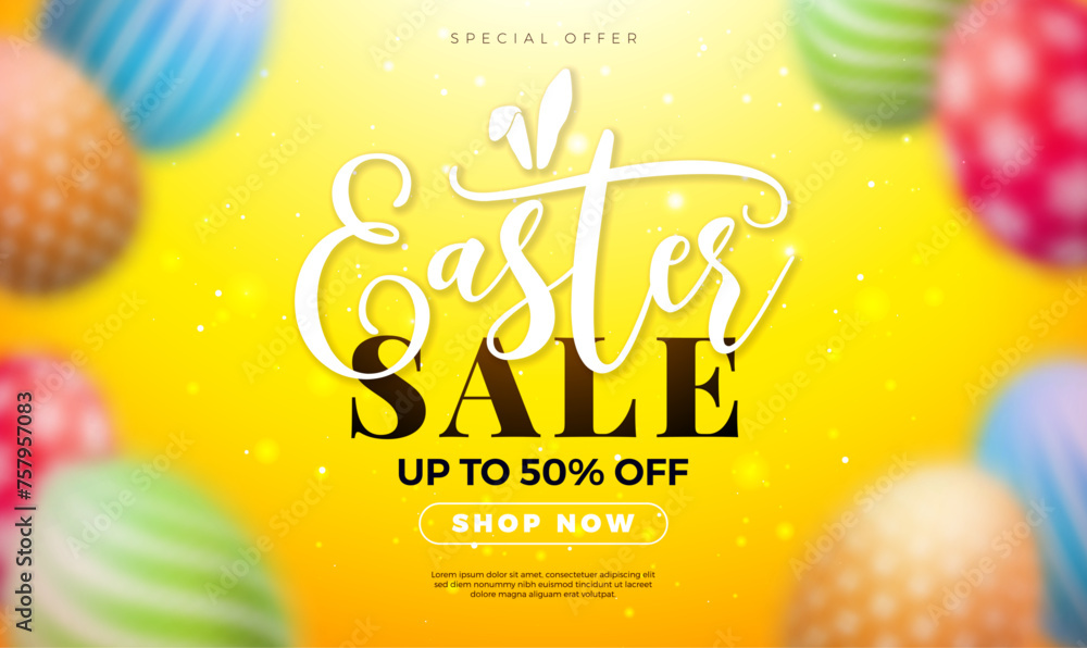 Wall mural easter sale illustration with blurred colorful painted egg and and typography lettering with rabbit 