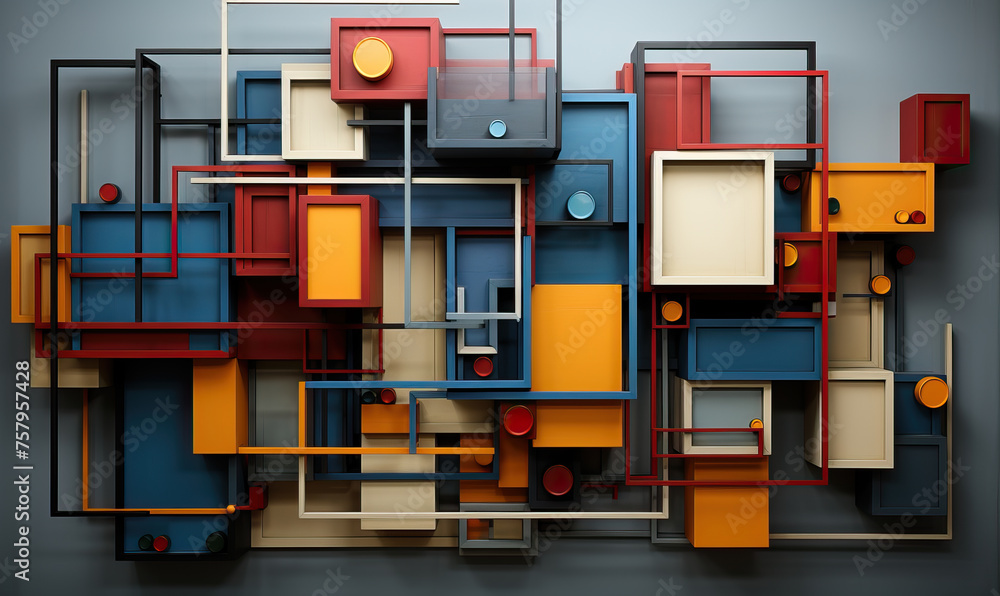 Poster dark background with colored 3d rectangles of different sizes.