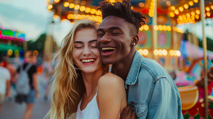 Obraz premium Photo Shoot at an Amusement Park Friends laughing and enjoying themselves against the backdrop of colorful carousels and snack stands at an amusement park.