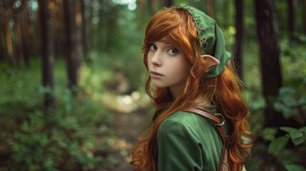 Girl in an elf costume against the backdrop of a cosplay event