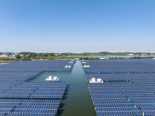 aerial view of solar power plant on water - 757957800